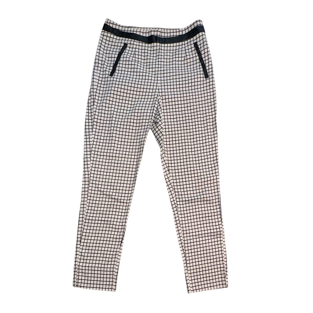 Black White Grid Print Trousers Pants Faux Leather Trim Soft Satin Womens Size S